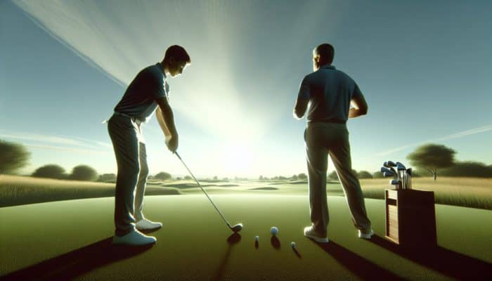 How to Choose Beginner Golf Balls: Beginner golfer analyzing swing with coach on green course, using two-piece ball for straighter shots.