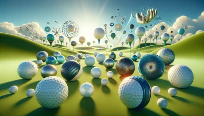 Golf balls with performance labels on a green fairway under a clear blue sky.
