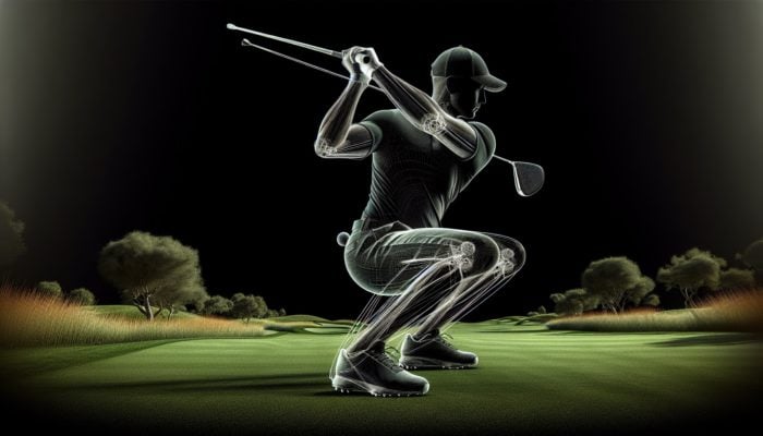 Best Golf Exercises for Power: Golfer performing squat on green course, emphasizing leg and hip power, with golf club.
