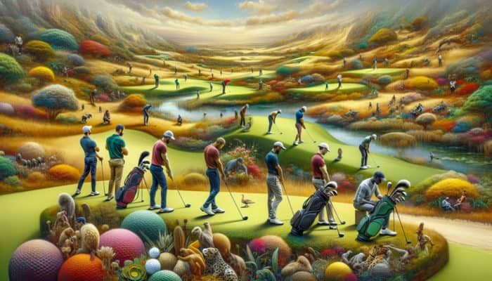 A diverse group of golfers playing on a South African course with wildlife in the background.