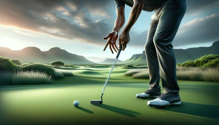 Tips for Golf Putting Basics: Golfer demonstrating 'reverse overlap' grip on putter for enhanced control on South African green.