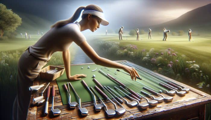 A golfer choosing a putter from a selection on a wooden table in a green landscape.