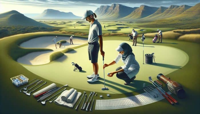 A South African golfer receiving a custom putter fitting on varied terrain, enhancing putting accuracy.