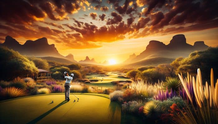 How to Play Famous Golf Courses: Golfer teeing off at Gary Player Country Club, Sun City, with bushveld scenery and sunset.