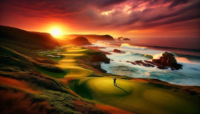 How to Choose a Golf Vacation Package: Golfer teeing off at sunset on a South African coastal course with ocean views and vibrant sky.