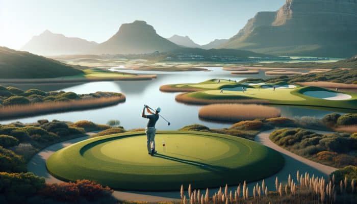 Top Golf Resorts in the Caribbean: Golfer swinging at Arabella's championship course with scenic Bot River Lagoon and Overberg's flora and fauna.