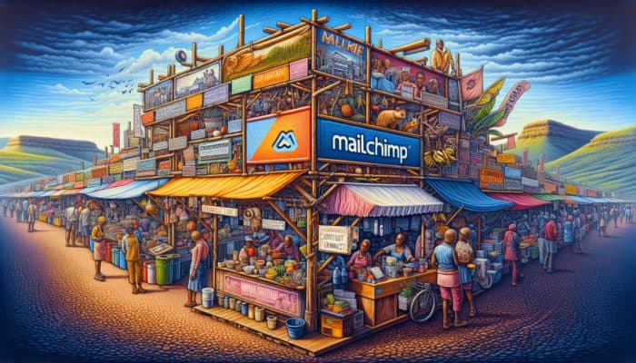 How to Start a Golf Newsletter: South African market scene with Mailchimp and Constant Contact stalls, local businesses in background.