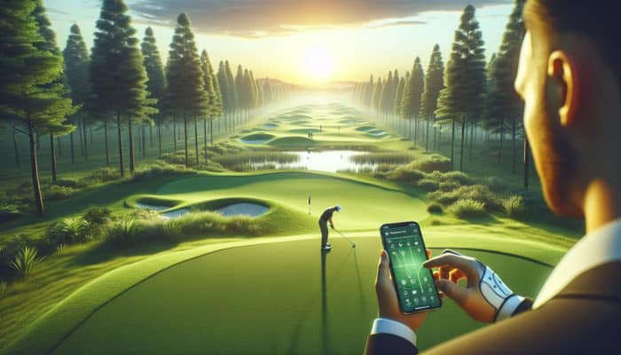Golfer using smartphone app on serene sunset golf course to analyze swing data.
