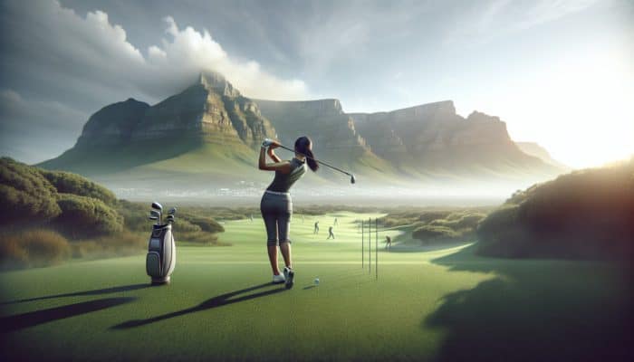 How to Swing a Golf Club Smoothly: A golfer in South Africa executing a slow, controlled backswing on a green course with Table Mountain in the background.