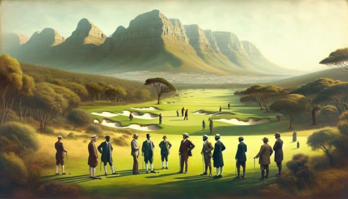 1906 South African landscape with golfers founding Victoria Country Club amidst picturesque mountains and lush fairways.