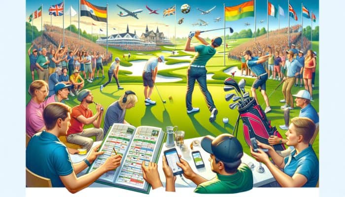 A vibrant golf festival scene with players, fans, and a schedule board showcasing tournaments over several weeks.