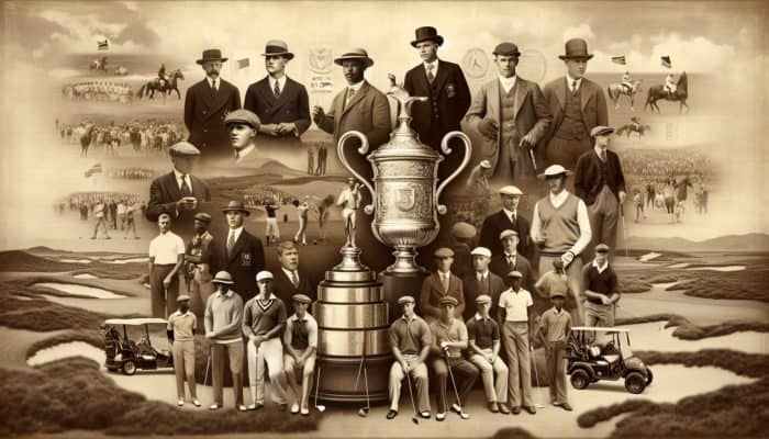 A vintage sepia collage of the SA Open Golf Championship, showcasing golfers and trophies against South African landscapes.