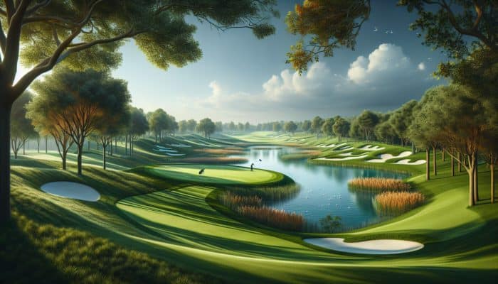 Scenic golf course at Reading Golf Club with signature holes, challenging par 3 over water, lush greens, autumn foliage.