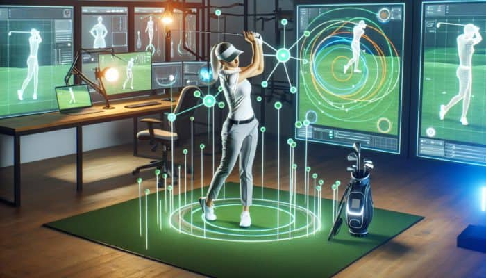 How to Use Golf Training Software: Golfer analyzing swing mechanics with 3D models and motion capture in a modern training facility.