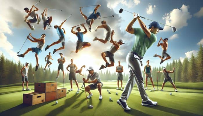 Golfer mid-swing on green course, surrounded by dynamic plyometric drills enhancing muscle power and speed.