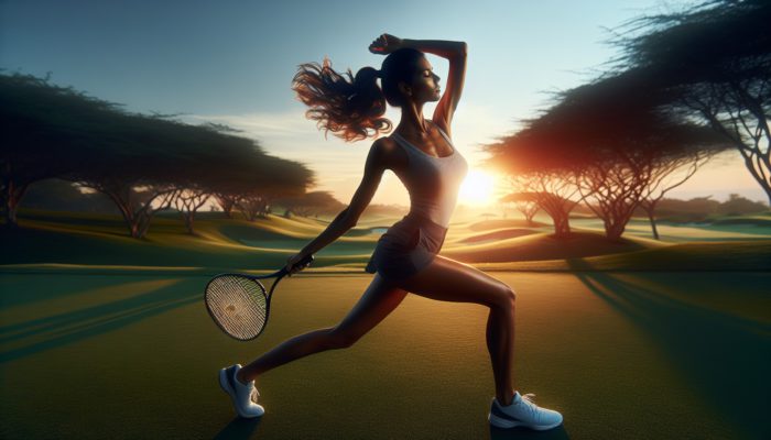 Golfer performing dynamic arm circles and leg swings at sunrise, then static stretches at sunset on a lush course.