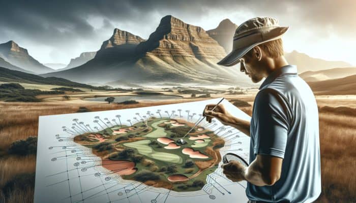 Strategies for Golf Tournament Preparation: Golfer studying Gary Player Country Club map, highlighting elevation changes and water hazards for strategic play.