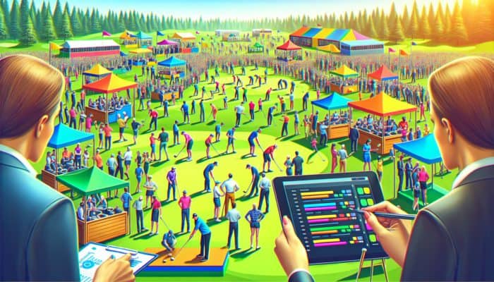 A busy golf course with corporate and charity groups using Golf Day Buddy for event planning.