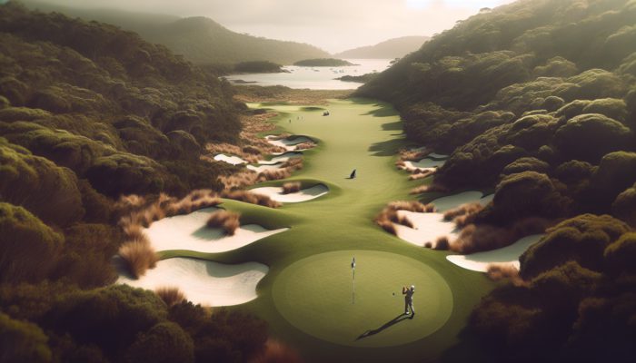 What is Mtunzini Country Club and Why It Matters: A golfer at Mtunzini Country Club navigating an undulating fairway, aiming at a small green amidst bunkers and dense bush under coastal winds.