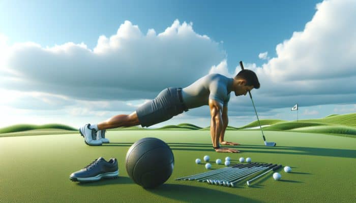 Best Golf Workouts for Consistency: A golfer doing a plank on a golf course with a medicine ball, under a clear sky.
