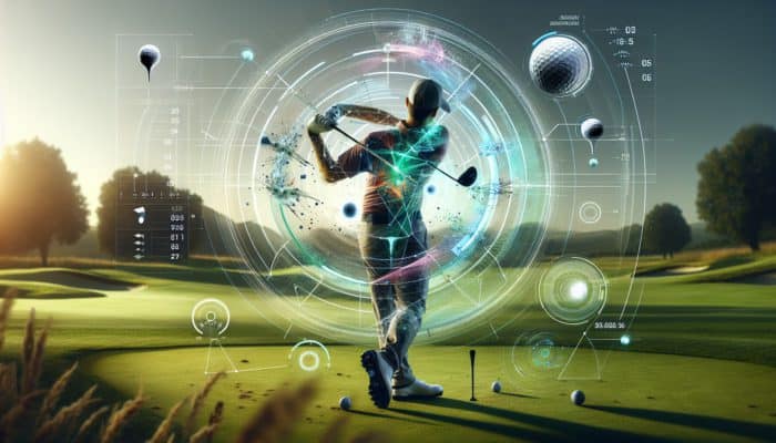 Golfer using advanced 2025 app with high-speed cameras and sensors, displaying real-time swing data on futuristic interface.
