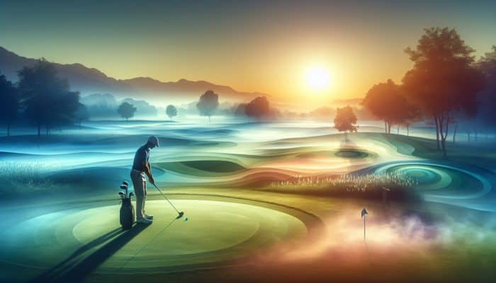 A focused golfer at dawn on a serene course, practicing visualization amidst soft mist and sunrise hues.