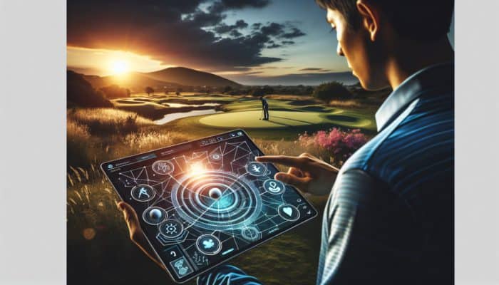 Golfer using futuristic app on tablet to analyze South African course layout at sunset.