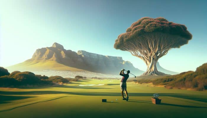 A golfer on a lush green course in South Africa, perfect swing with Table Mountain backdrop.