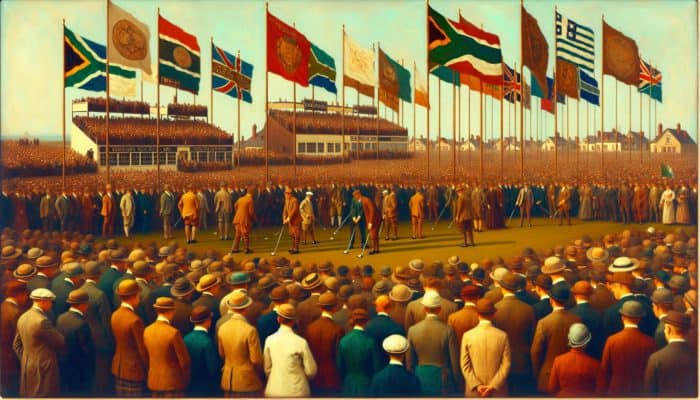 Top Golf Events to Attend in South Africa: A 1903 South African Open scene with diverse players in period attire and an enthusiastic crowd.