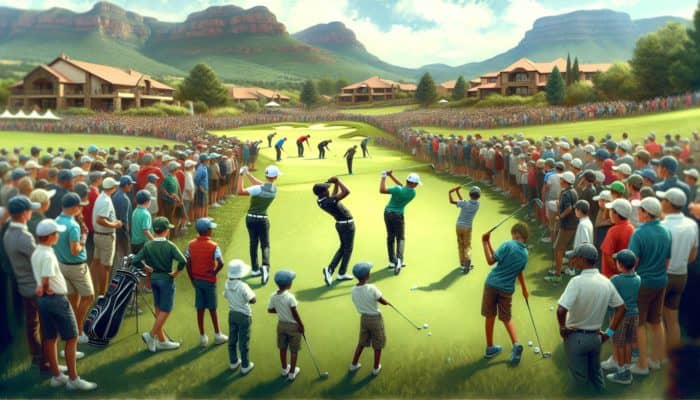 A vibrant South African golf tournament with diverse players, cheering crowds, and inspired young golfers practicing.