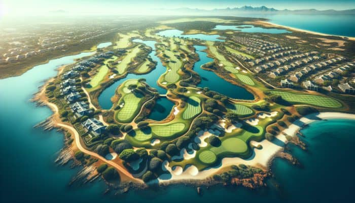 Aerial view of Royal Johannesburg & Kensington Golf Club's challenging layout with parkland and links-style holes, well-manicured greens, and bunkers.