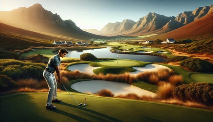 Montagu Golf Club: Golfer navigating Montagu Golf Club's unique course with bunkers and water hazards, surrounded by Klein Karoo's stunning vistas.