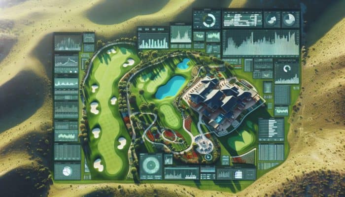 Aerial view of Montagu Golf Club with lush fairways, luxurious clubhouse, pool, and gardens against rolling hills.