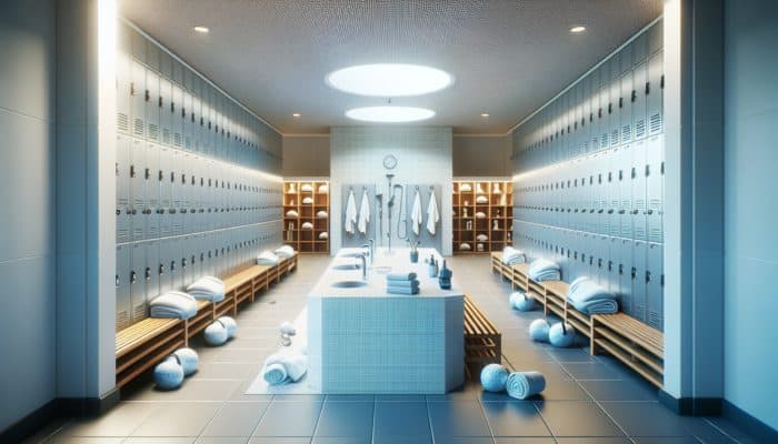 Spacious, modern locker room at Montagu Golf Club with secure lockers, showers, and neatly arranged towels and toiletries.