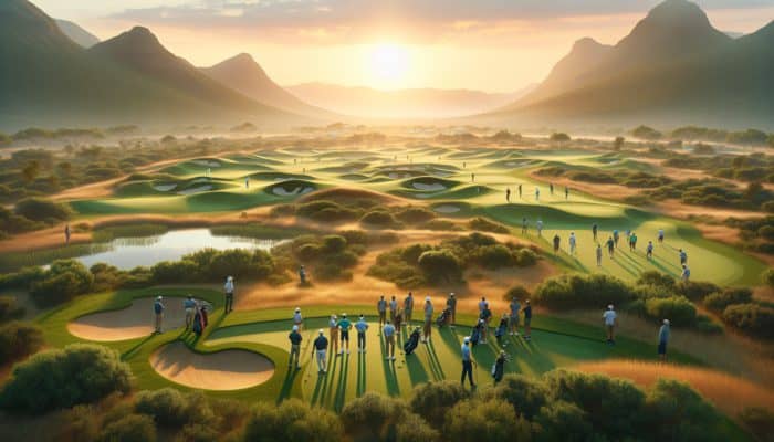 How to Plan a Golf Outing: A scenic South African golf course at sunset, contrasting with a simpler, beginner-friendly course, showing diverse groups of golfers.