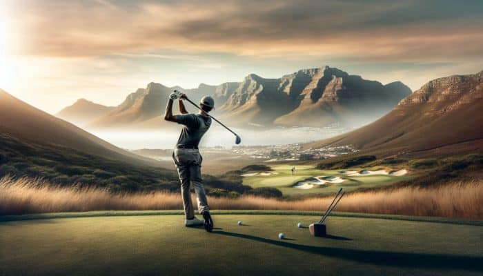 How to Hit a Golf Ball Low: Golfer using a 3-iron on a South African course, low trajectory shot with Cape Winelands backdrop.