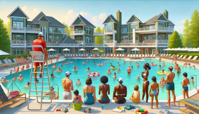 The Lake Club Benoni: Families enjoying sunny day at The Lake Club Benoni's varied swimming pools, lifeguards ensuring safety.