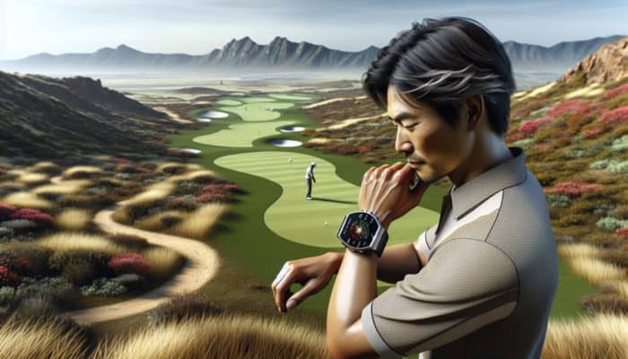 Top Golf GPS Watches Reviewed: Golfer using GPS watch on South African course, displaying distances to greens and hazards.
