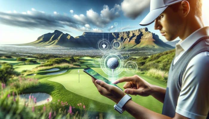 South African golfer using app on course with Table Mountain, enhancing game with tailored routines.