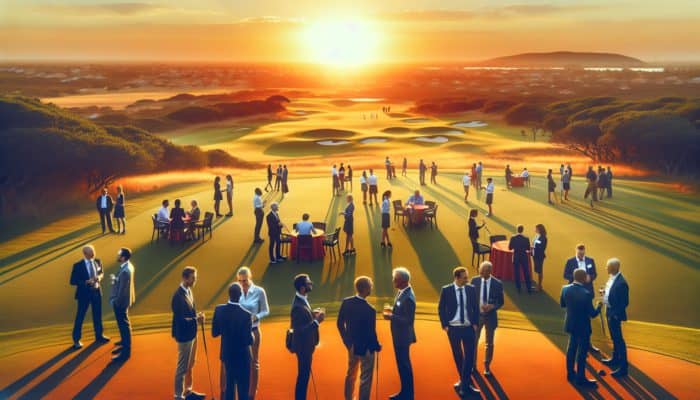 A serene South African golf course at sunset, ideal for relaxed business networking and fostering collaborations.