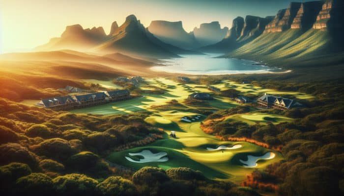 A South African golf resort with lush greens, vibrant biodiversity, and stunning mountain and ocean views.