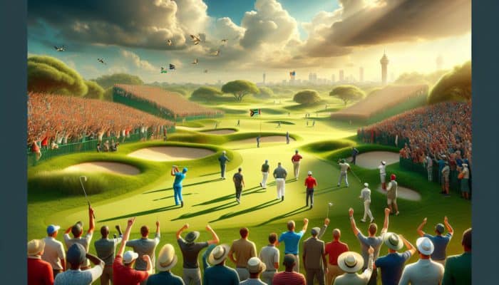International golf tournament in South Africa with players on a lush course and cheering crowds.