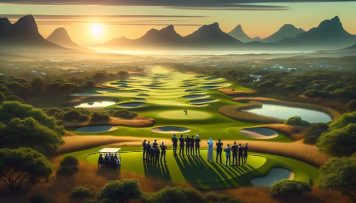 A serene golf course at dawn in Plettenberg Bay, surrounded by lush greenery and distant mountains.