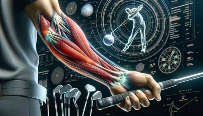 How to Prevent Golf Elbow Pain: Golfer's arm with strained inner elbow and highlighted tendons, surrounded by golf clubs and a swinging motion.