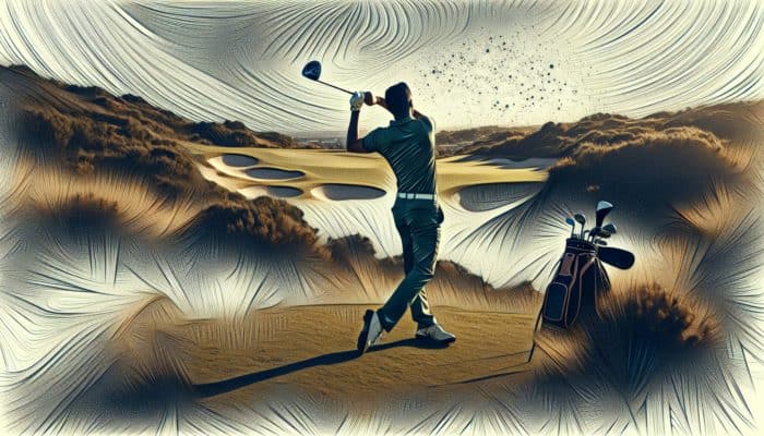 Best Golf Exercises For Balance: A golfer performing a balanced swing on a challenging South African course, showcasing power and accuracy.