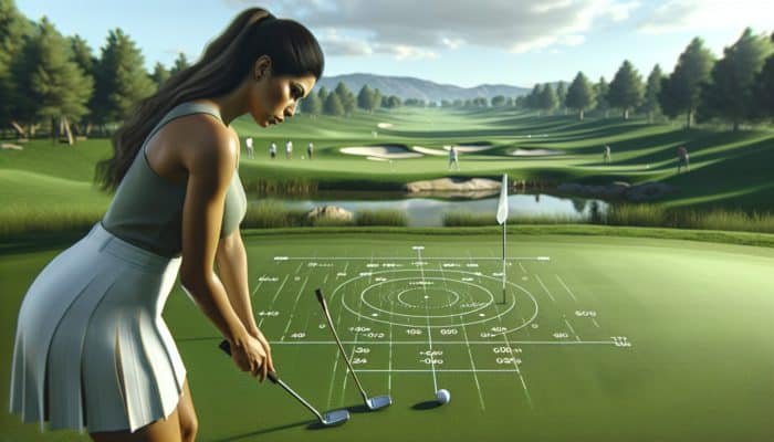 Best Golf Focus Drills: Golfer practicing putting on a serene course, visualizing ball's path, with focus drills marked on green.