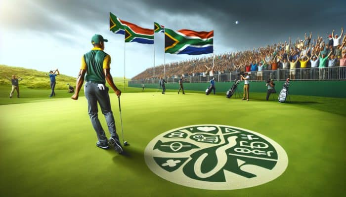 How to Handle Golf Tournament Nerves: A South African golfer on a green course, anxious amidst crowd, cameras, rivals, and sponsors' logos under overcast sky.