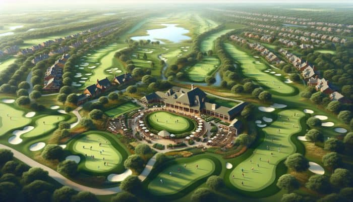 Cotswold Downs Country Club: Aerial view of Cotswold Downs Country Club, lush fairways, pristine greens, vibrant clubhouse, golfers mingling, serene landscapes.
