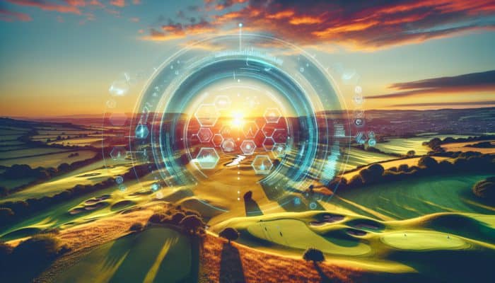 Aerial view of Cotswold Downs at sunset with tech overlays symbolizing innovation and expansion.