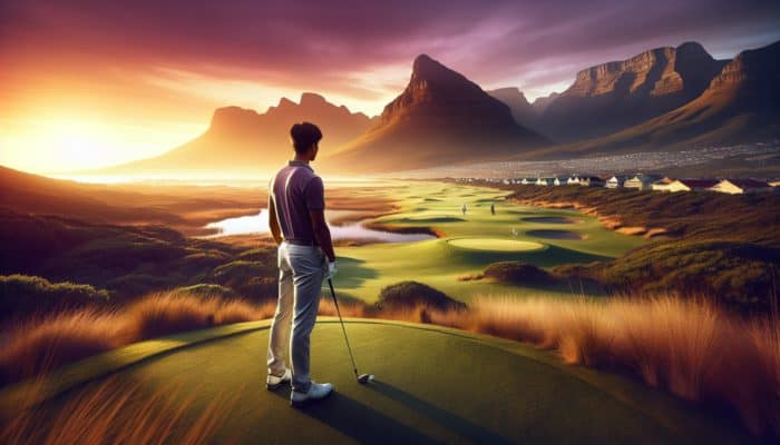 A golfer on a lush fairway in South Africa, surrounded by Drakensberg Mountains and St Francis Links at sunset.